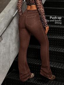 SHEIN Tall Women's Casual Pocketed Mid-Waist Skinny Flare Jeans - Coffee Brown - View 2