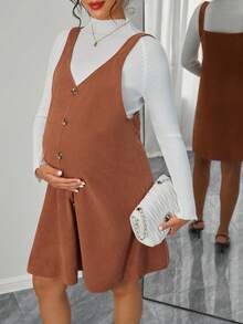 SHEIN Abito casual elegante da donna incinta con scollo a V, colore unito, spalline larghe e bottoni frontali