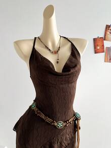 Soleia 女士彩色复古印花垂褶领口层叠荷叶边下摆连衣裙，度假风 - 鏽棕色 - 查看 5