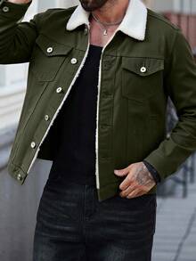 SHEIN Cottnline Men's Fleece Lined Denim Jacket With Patched Collar - Khaki - View 5