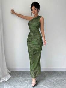 Elenzga Váy dạ hội sang trọng dành cho nữ, cổ lệch in họa tiết tie-dye, không tay gợi cảm - Màu xanh Ô liu - Xem 5