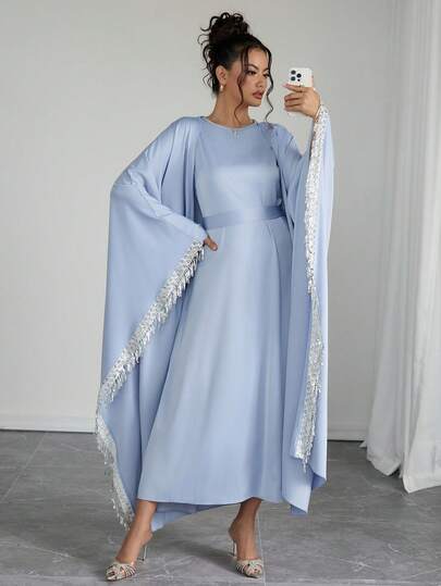 SHEIN Raffinéa Women's Winter Party Elegant Luxury Design Sequin Tassel Splice Long Sleeve Robe Jacket And Minimalist Round Neck Sleeveless Cinched Waist Waist Long Dress 2-Piece Set