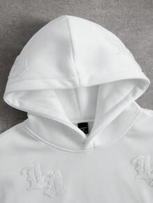 Manfinity Roghcode 男士字母刺绣长袖口袋休闲宽松连帽衫，白色，保暖内衬 - 白色 - 查看 4