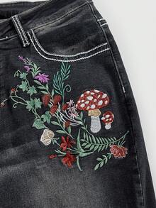 ROMWE Quần jeans denim thêu hình nấm, cây và hoa Fairycore cỡ lớn cho nữ, quần jeans nữ cỡ lớn mùa thu/đông - màu đen - Xem 6