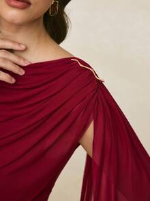 Poéselle Women's Burgundy Summer Elegant Dining Two-Piece Set,Ruched Shawl Top & Sleeveless Slim-Fit Midi Dress With Gold Brooch,Wedding Cocktail Party Outfit - Burgundy - View 7
