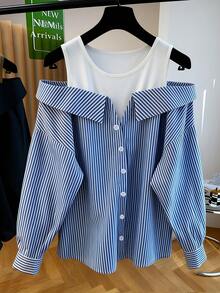 Resyla Áo sơ mi nữ tay dài trễ vai màu xanh trắng kẻ sọc, cài nút, kiểu dáng 2 trong 1, thanh lịch và trẻ trung, đa năng cho đi làm, mặc hàng ngày, mùa đông, mùa xuân, mùa thu, các cuộc họp, công sở, hẹn hò, sự kiện trang trọng, lễ tốt nghiệp, trang phục chuyên nghiệp. - Nhiều màu - Xem 3