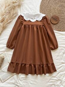 Vintaside Kids 1pc Girls' Ruffled Collar Embroidered Half-Placket Loose Fit Vintage Midi Dress, Apricot Color, Long Sleeve, Casual/Commute, Princess Style - Brown - View 2