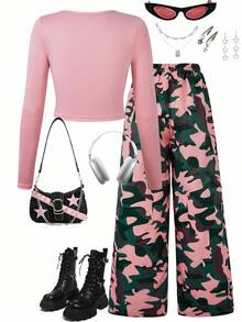 SHEIN ChillGRL 2 件套 Tween Girl 纯粉色圆领长袖上衣和粉色迷彩裤，街头时尚 - 彩色 - 查看 2