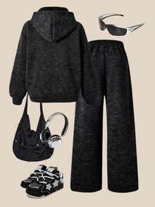 SHEIN ChillGRL 2件套少女休闲时尚布鲁克林图案连帽衫和阔腿裤，秋冬