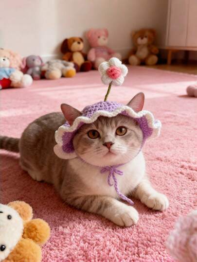 1 ST. Gebreide pet met kikker, schattige cartoonkattenmuts voor kleine honden, handgemaakte gebreide hoofddeksels, gezellige, stijlvolle huisdieraccessoire, zachte, warme winterfotoshoot, kostuumfeest, kerst, Halloween-outfit, mode, schattige puppy, kitten, kleding, cadeau-idee, huisdierliefhebbers