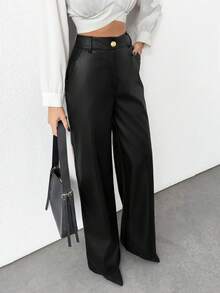 EURMUSE Gold Button Detailed Straight Fit Leather Pants - Black - View 4