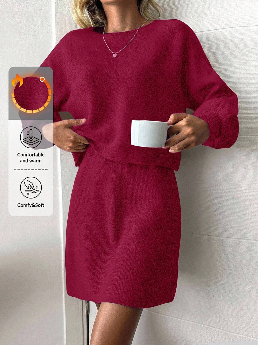 EURMUSE 2件套女士休闲纯色毛衣和针织A字裙套装 - 酒紅色 - 查看 1
