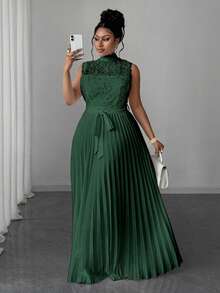 Maweii Váy ren xếp ly eo cao cổ không tay cỡ lớn - Màu xanh lá cây đậm - Xem 1