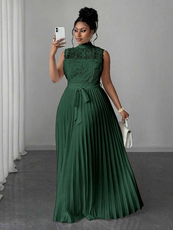 Maweii Plus Size Lace Pleated Waist High Neck Sleeveless Dress