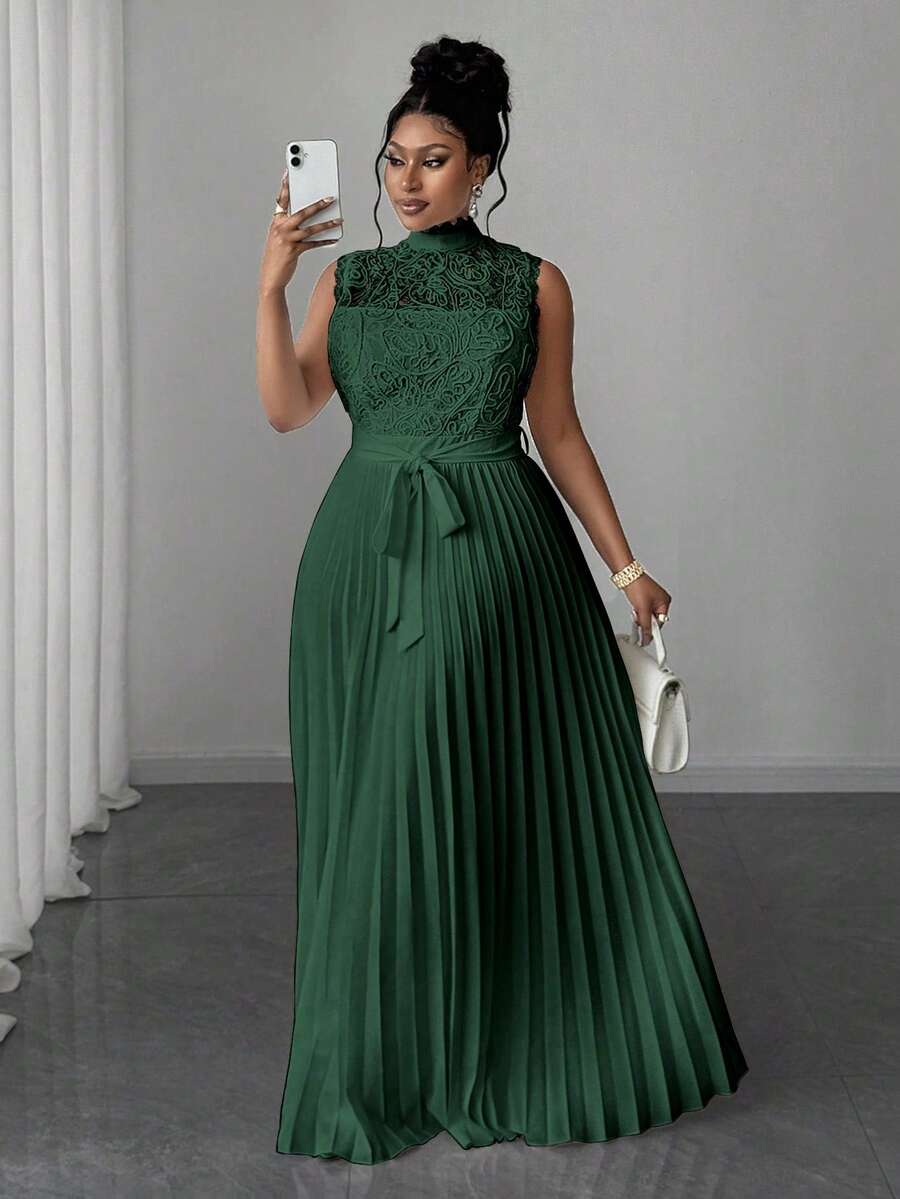 Maweii Váy ren xếp ly eo cao cổ không tay cỡ lớn - Màu xanh lá cây đậm - Xem 1