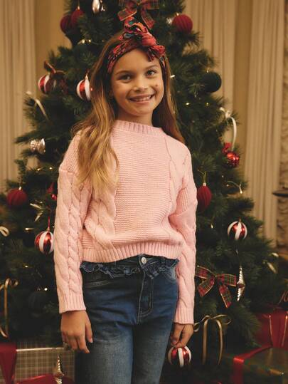 Cute Bow Decor Girls Pullover Sweater  Tween Girl Pink Knit Sweater Pink Sweater For Girls Sweaters For Tweens Girl Girls Cable Knit Sweater Light Pink Kids Sweater