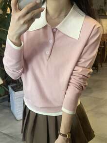 DAZY 女士撞色宽松翻领长袖休闲针织衫，秋冬季 - 粉色 - 查看 4