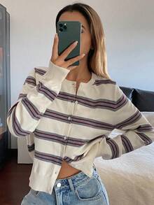 DAZY Áo khoác cardigan dệt kim cổ tròn tay dài họa tiết sọc tương phản phong cách retro cho nữ, mùa thu/đông - trắng - Xem 6