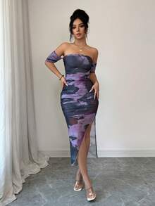 Elenzga 女士优雅露肩扎染开衩修身连衣裙，秋季女士长款套装 - 淺灰紫 - 查看 3