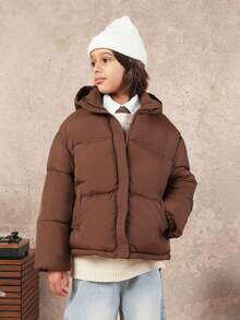 SUMWON Quilted Puffer Jacket With Hood And Ribbed Cuffs Winter Outerwear Vacation - Brown - View 1