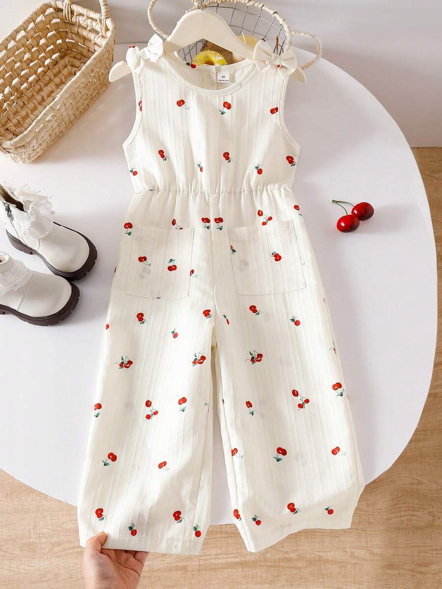 Genkimix Kids 女童可爱樱桃印花吊带背心，带蝴蝶结，后背纽扣收腰阔腿休闲连体裤