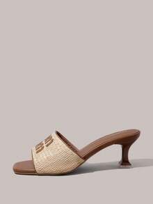 Styleloop 女士方头编织细高跟中跟金色凉鞋，波西米亚风格西部音乐节派对装