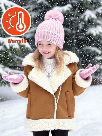 SHEIN Emery Rose Kids 女童保暖内衬拉链翻领外套，保暖冬季外套，适合户外活动、雪地玩耍，女童冬季外套，秋冬季，法式泰迪熊派克大衣，适合通勤和户外活动，Y2K金属质感外套，Y2K夹克，返校季，母女亲子装，雪地服，秋季新款，外套，冬季，保暖毛绒外套，人造羊毛皮大衣