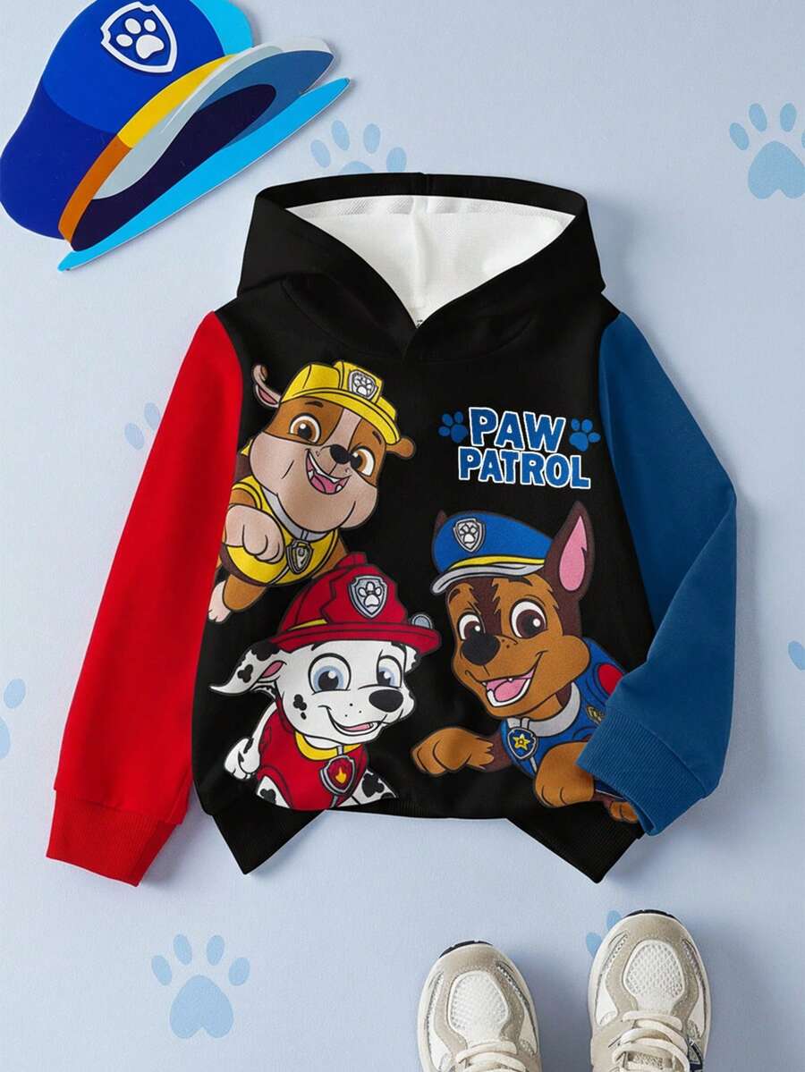 SHEIN | PAW Patrol Hanorac cu imprimeu de câine drăguț pentru băieți, potrivit pentru toamnă/iarnă, sporturi în aer liber, hanorace pentru băieți mici, haine cu personaje pentru copii, pulovere pentru băieți cu hanorac - Negru - Vizualizare 1