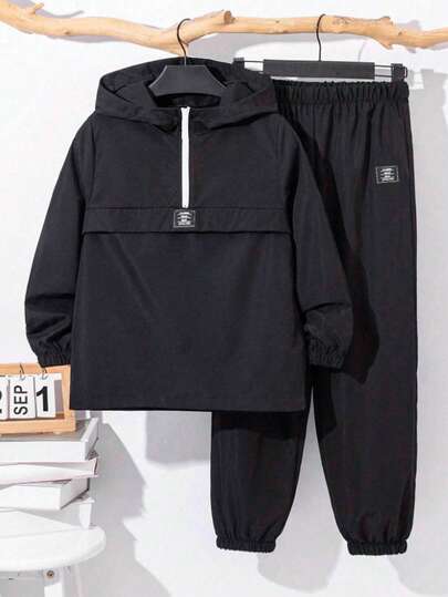 SHEIN 青少年男孩休闲街头时尚纯色装饰细节百搭舒适纯色长袖连帽衫半拉链夹克和抽绳裤套装，适合通勤、上学、休闲、旅行、运动、派对、秋冬