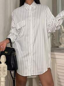 Ronhire Striped Drop Shoulder Loose Shirt Dress With Pockets, Summer Fall Cloth For Women - White - View 3