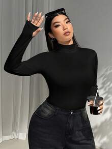 SHEIN EZwear Plus Size Women Black Turtleneck Long Sleeve T-Shirt, Versatile For Autumn/Winter,Christmas,New Year,Thanksgiving,Party,Wedding,Beach,Graduati,Chic,Elegant,Casual,Going Out,Date,Appointment,Commute - Black - View 5