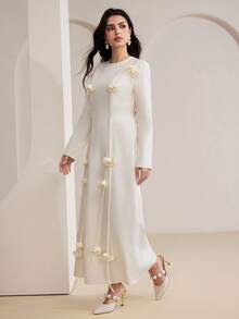 Veilorie 女士纯色休闲花卉装饰长袖阿拉伯风格连衣裙 - 杏色 - 查看 5