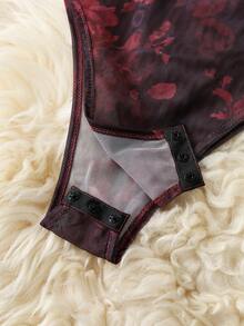 Franclia Women's Fashion Leopard Print Mesh Sheer Shoulder Long Sleeve Bodysuit