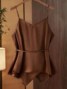 SHEIN Tall CURVE 大码优雅纯色裹身吊带背心，适合通勤和夏季穿着 - 棕色 - 查看 2