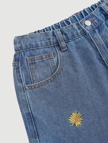 Girlism 少女Y2K宽松蓝色牛仔裤，饰有雏菊刺绣，适合秋季、冬季、休闲时尚度假、街头服饰，展现2000年代风格，也适合圣诞节穿着。 - 中等水洗藍 - 查看 4