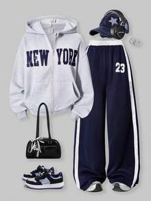 SHEIN ChillGRL 少女拉链连帽衫、吊带背心和阔腿裤休闲套装，适合日常穿着、通勤和上学。