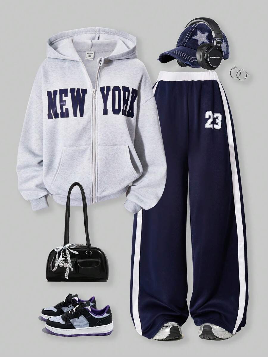 SHEIN ChillGRL 少女拉链连帽衫、吊带背心和阔腿裤休闲套装，适合日常穿着、通勤和上学。