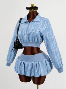 Mistrie 2 sztuki/zestaw Damska bluzka z efektem denimu, perforowana tkanina, zamek błyskawiczny z przodu, marszczony dół i elastyczna talia, mini spódniczka typu bubble