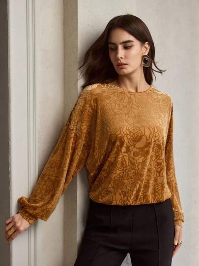 ZEYLAH Women's Floral Print Loose Fit Dropped Shoulder Long Sleeve Elegant Blouse