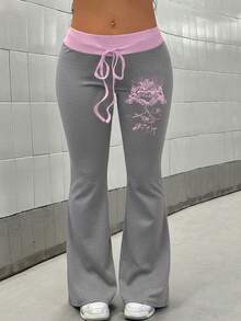 Maweii بنطلون نسائي مقاس كبير بطراز الشارع، بخصر مربوط بسحاب، طباعة أمامية، قصة ضيقة وواسعة - رمادي - مشاهدة 4