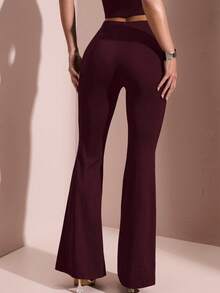 SHEIN BAE Women's Solid Color Square Rhinestone Flared Pants,Fall,Fall Clothes For Women,Winter Clothes For Women - Maroon - View 2