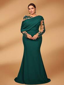 Serin Đầm dáng đuôi cá ôm sát, thanh lịch, lãng mạn, sang trọng, chất liệu vải dệt kim co giãn, phối lưới tương phản, vai bèo nhún bất đối xứng, thích hợp cho tiệc tối, hẹn hò, dạ hội, kỳ nghỉ, đám cưới, váy cho mẹ cô dâu, ngày Valentine. - Màu xanh lá cây đậm - Xem 5