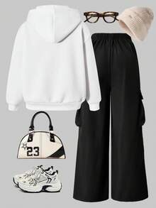 SHEIN ChillGRL 两件套：少女字母印花连帽卫衣+绿色工装裤，休闲街头风穿搭，秋冬款 - 黑色 - 查看 8