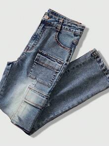 SHEIN Tween Boys Vintage Street-Style Ripped Distressed Multi-Pocket Elastic Fitted Denim Cargo Pants, School, Campus, College Summer Holiday,Unisex - Medium Wash - View 4