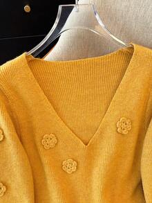 Franclia 法式优雅纯色3D立体花卉喇叭袖毛衣 - 黃色 - 查看 3