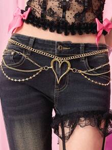 ROMWE Goth 1件银黑十字双层链条哥特风腰链腰带，百搭服饰配饰 - 金色 - 查看 6