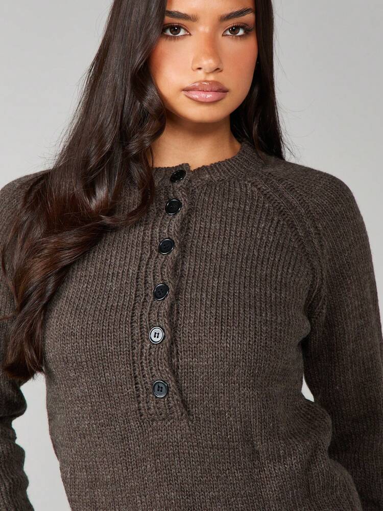 MISSGUIDED Button Front Ribbed Knit Crew Neck Long Sleeve Sweater With Cable Knit Detail