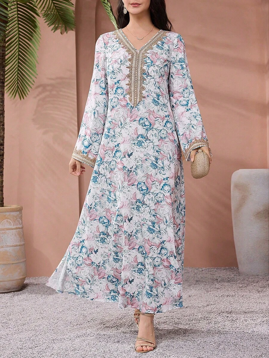 Al Najma 女士花卉印花钩编拼接长袖连衣裙,优雅端庄的A字型卡夫坦长袍,适合晚宴/婚礼宾客/周年纪念/日常穿着 - 彩色 - 查看 1