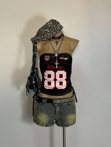 Attitoon 休闲简约运动街头风派对机场装，红黑相间数字字母印花上衣，舒适女士抽绳抹胸露脐上衣，适合秋冬春季穿着。 - 彩色 - 查看 3
