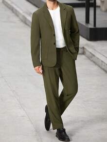 Manfinity Bizformal 优雅商务休闲斑驳绿色男士单排扣西装外套和裤子套装 - 墨綠色 - 查看 6